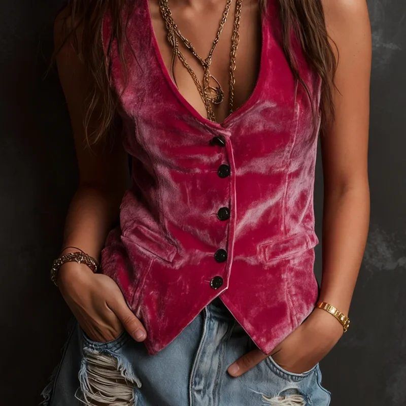 

Vintage Sleeveless Solid Velvet Women's Jacket Winter Deep V Neck Button Vest Top Cardigans Autumn Sexy Outerwear Coats Harajuku