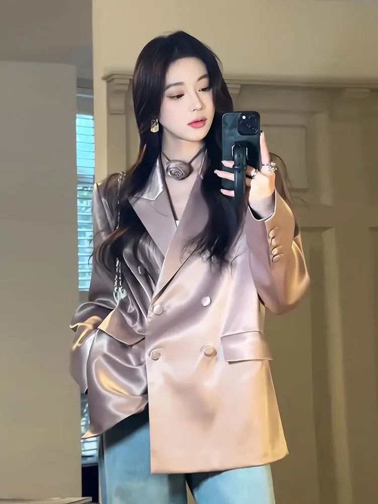 

Elegant Korean Style Satin Suit Jacket Women's Loose Fit Turn-down Collar Fashionable Spring Autumn New Arrival Slimming