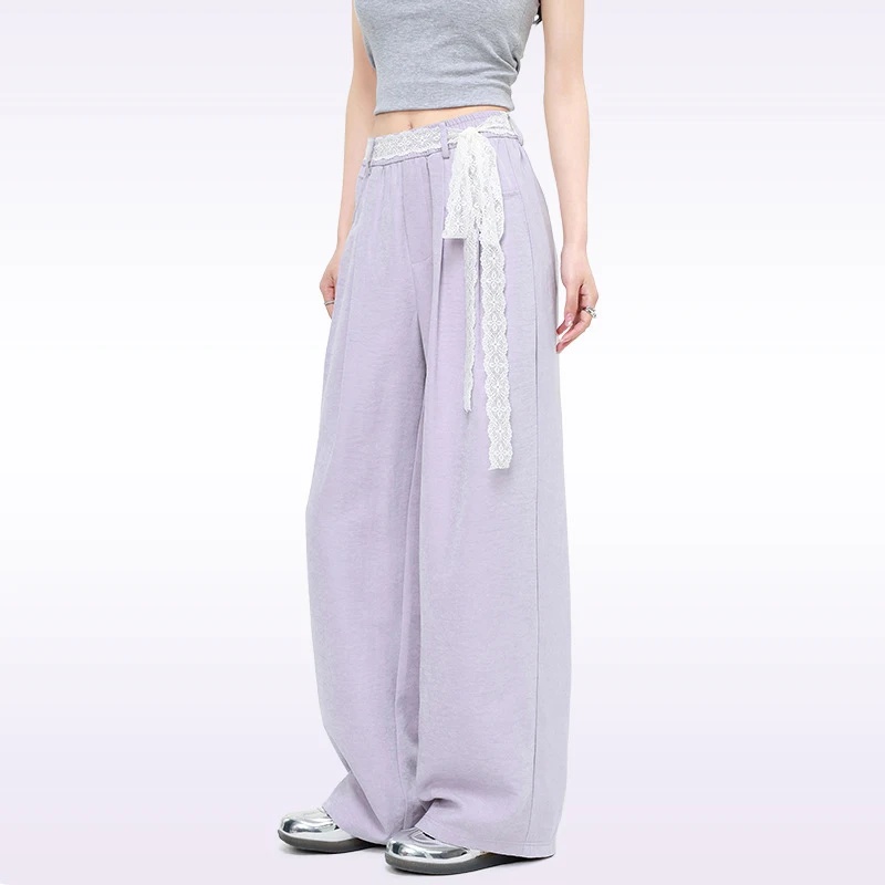 

Новинка 2025 года, широкие брюки с кружевным поясом, женские весенне-летние свободные брюки с высокой талией, женские корейские уличные прямые брюки