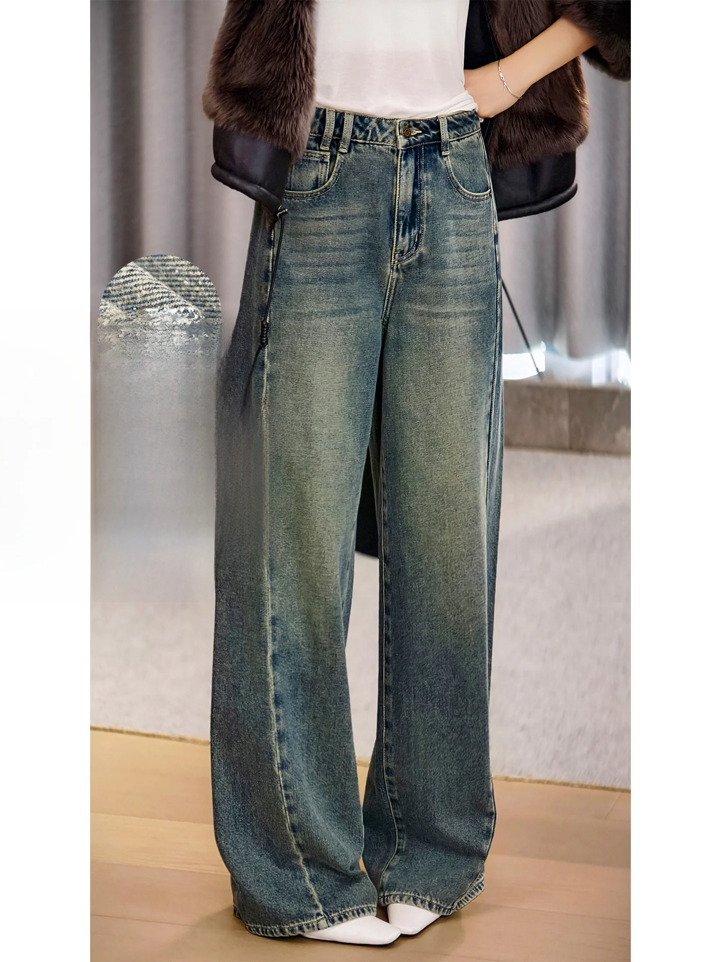 

Теплые джинсы с флисовой подкладкой, с высокой талией, широкими штанинами, винтажные, повседневные, прямого кроя для женщин от Meiyang