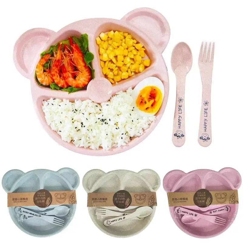 3Pcs Wheat Straw tableware Set Cartoon Bear Children Plate Set Includes Plate Fork and Spoon for Kids Toddlers Children dishes