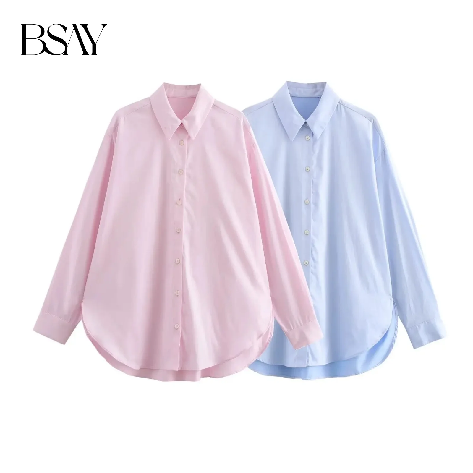 BSAY Damska Moda Wiosna Jesień Nowa Bluzka Jednolita Kolorystyka Długi Rękaw Zapinana na Guziki Kołnierzyk Klasyczny Ubrania Uliczne Elegancka Koszula Damska Top