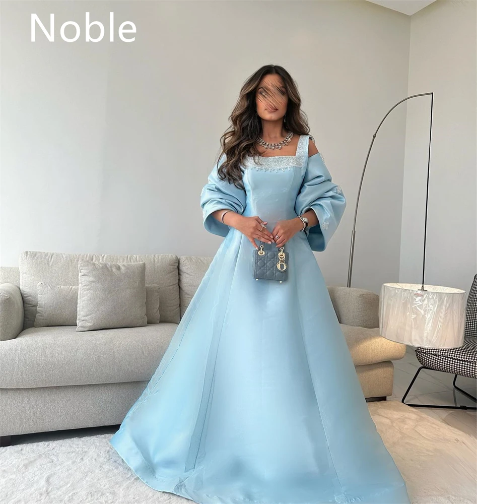 

Noble A-Line Sky Blue Square Neckline Summer Formal Evening Dress For Women 2023 Long Sleeves With Court Train Custom Gowns