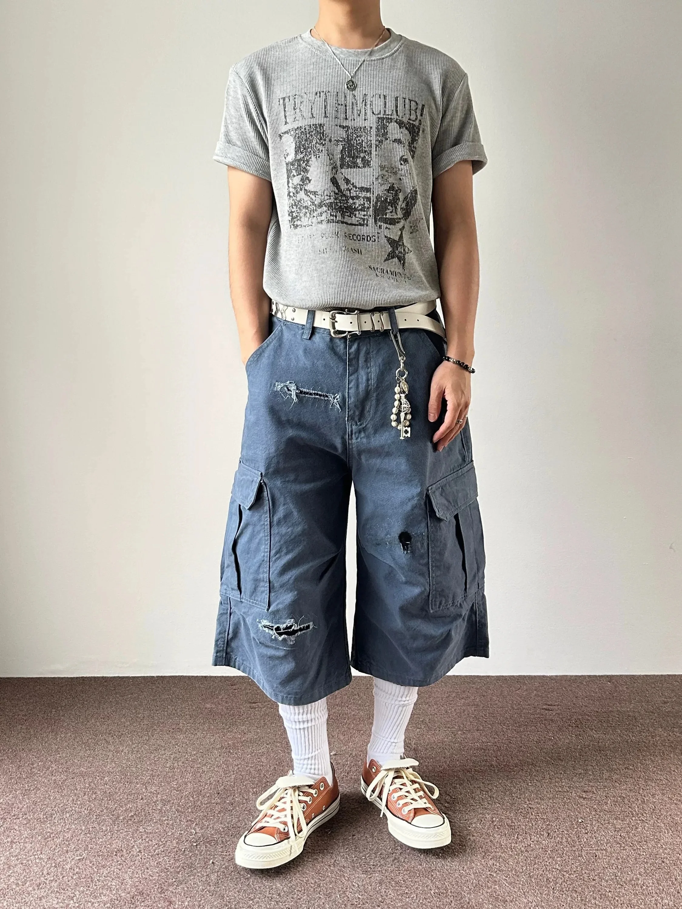 Vintage Blue Workwear Shorts Men Women Summer Casual Loose Seven-Five Pants Fashionable Cotton Denim Breathable Comfortable
