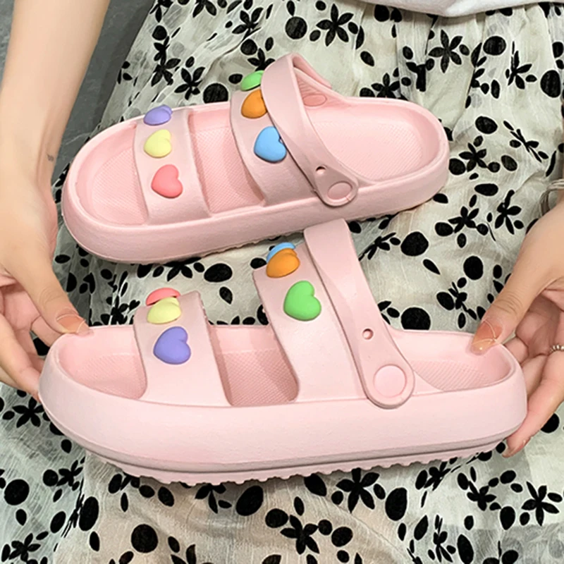 Lucyever Heart Decoration Platform Sandals for Women Summer 2024 Eva Soft Sole Baech Slippers Woman Anti-Slip Pink Slides Shoes