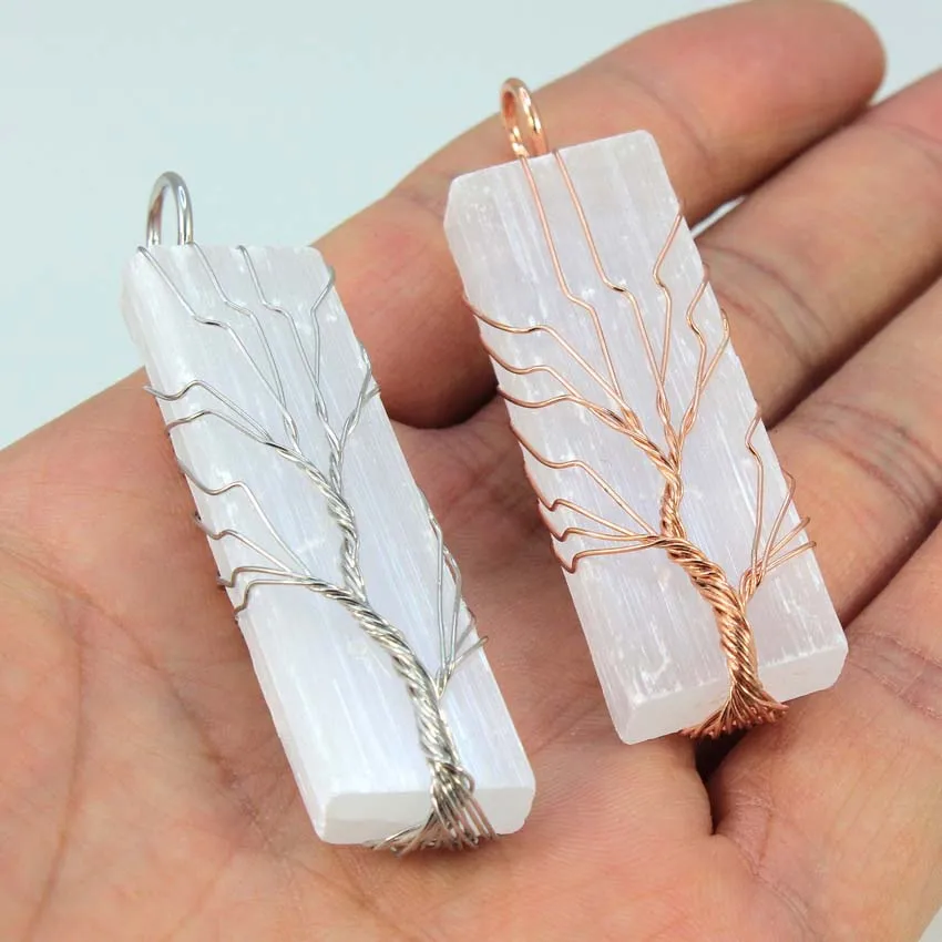 Copper Wire Wrapped Necklace For Women Men Natural Selenite Quartz Crystal Tree of Life White Color Selenite Stone Pendant Chain