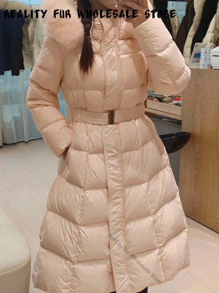 Women's Cold Jacket Natural Fur Trim Belted Waist Wrap Cut Warm Outerwear for Everyday Casual Wear Daily Styling Street  Look