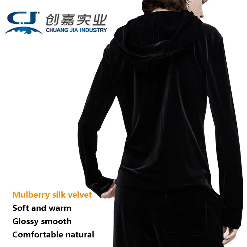 

Mulberry Silk Velvet Spring Autumn Lady Long-sleeved Hooded Hoodie New Sports Style Casual Black Top Fashion Comfortable Coat