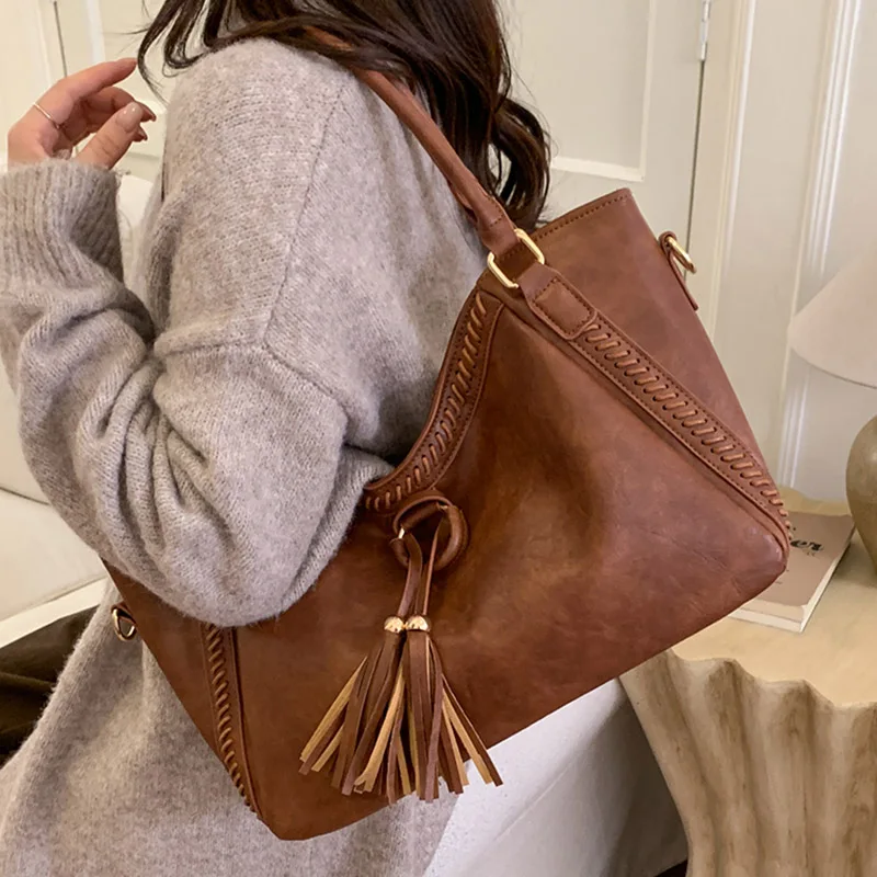 المرأة ريترو شرابة حمل حقيبة الأمريكية عادية موضة حقائب اليد سعة كبيرة الخريف الشتاء بولي Leather الجلود تخفيف حقائب كروسبودي #5