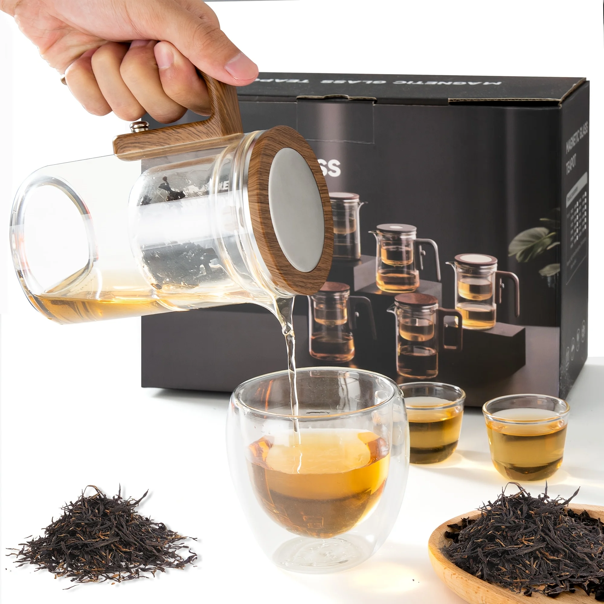 

Glass Teapot with One-Touch Filter – 20.29 oz / 27.05 oz Dual-Size Option • Heat-Resistant Borosilicate Glass • Wooden Handle for Comfortable Grip • Built-In Fine Mesh Infuser for Loose Leaf or Blooming Tea • Clear Design Shows Tea Steeping in Real Time •