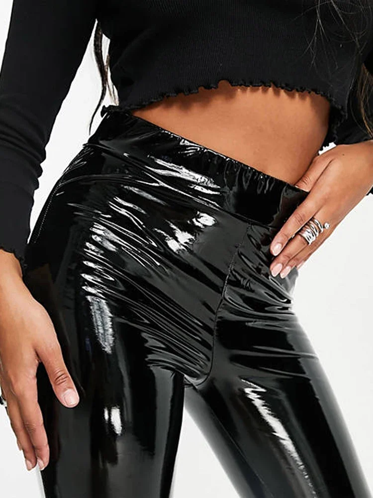 High Waist Faux Latex Pants Women Shiny Patent Leather Trousers Ladies Casual Bodycon Elastic Band Pencil Pants Leggings Custom