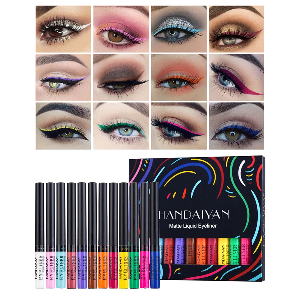 12 Color Liquid Eyeliner Pen Set Waterproof Long Lasting Matte Colored Eye Liner Cosmetic Quick Dry White Green Liner Makeup Kit