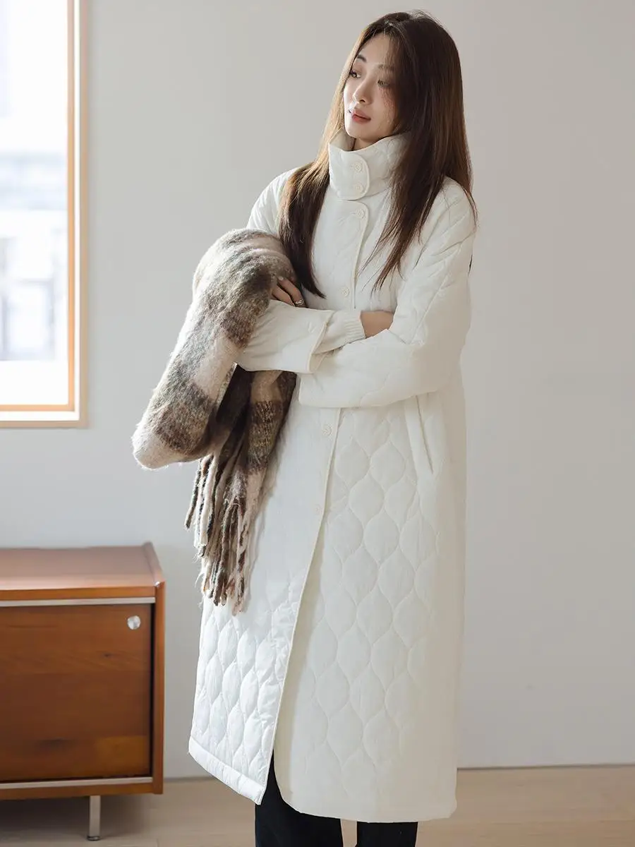 

Lightweight Loose Women's Cotton Jaet Wang Fei Home Almond Color Rhombus Design Stand Collar Mid-Length Outerwear