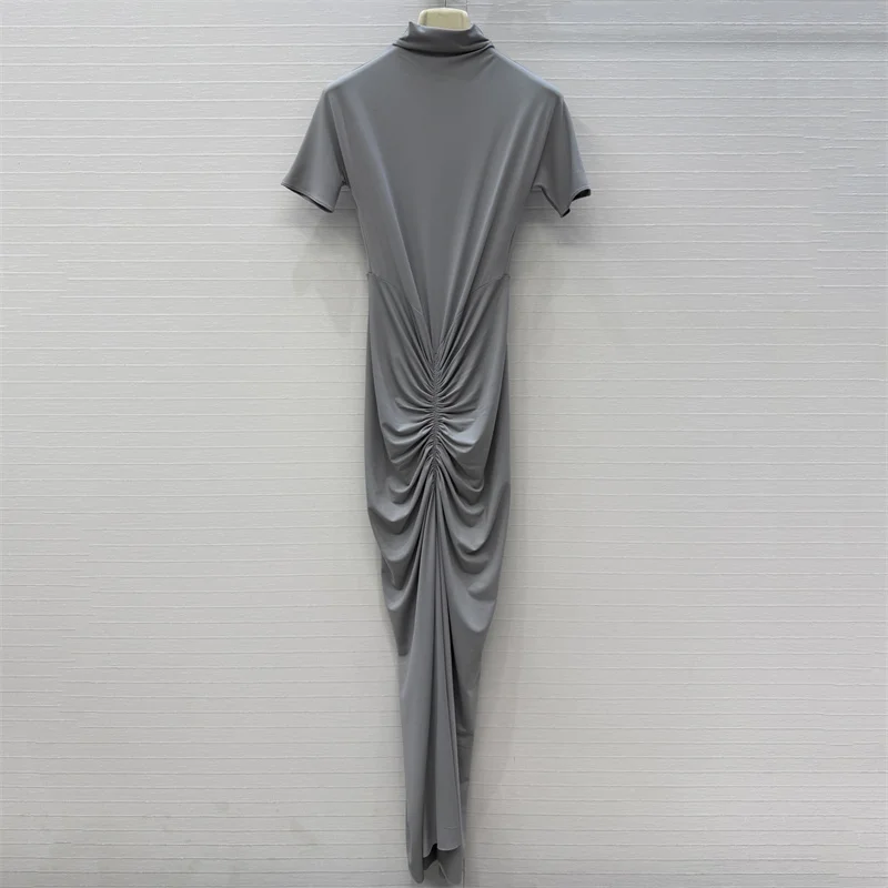 

Women's dress 2026 Spring new elastic knitted slim fit long dresses Short sleeved pleated dress hip hugging dress party dresses