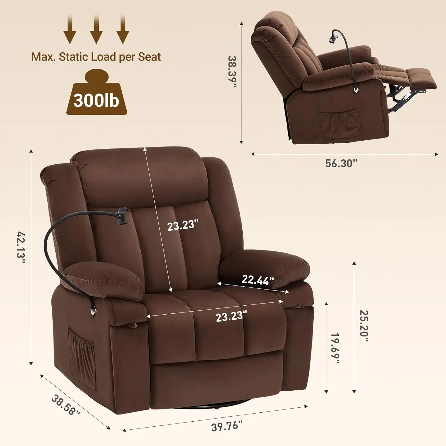 Rocking Recliner, Glider Sofa Chair with with Phone Stand，Massage Function,Heating,Ideal for Living Room, Office, Bedroom（Darkbr