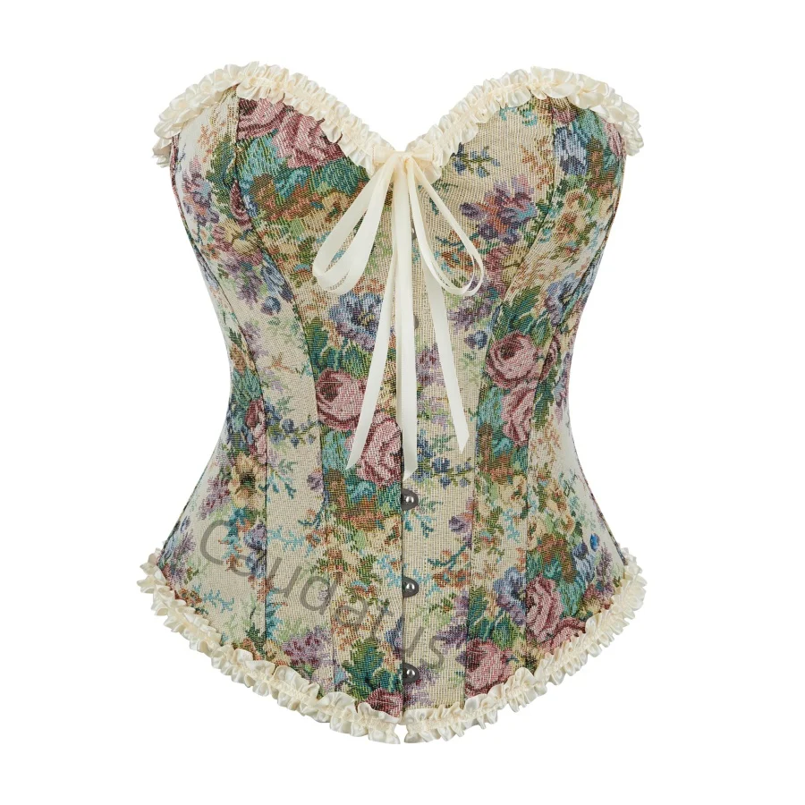 

Корсет для женщин, бюстье, топ на груди, на шнуровке, сексуальный винтажный Ренессанс, средневековый, с цветочным принтом, большие размеры, Хэллоуин, бежевый