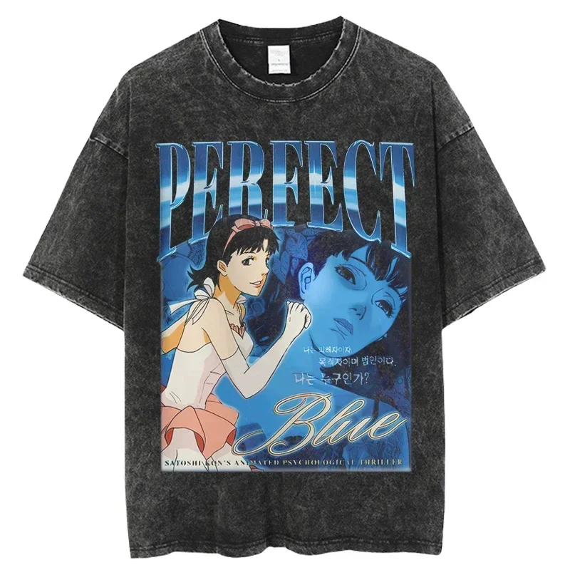 Japanese Anime Vintage Washed Perfect Blue T Shirt Summer Men Women Oversize Casual O-Neck Cotton Short Sleeve  T Shirt