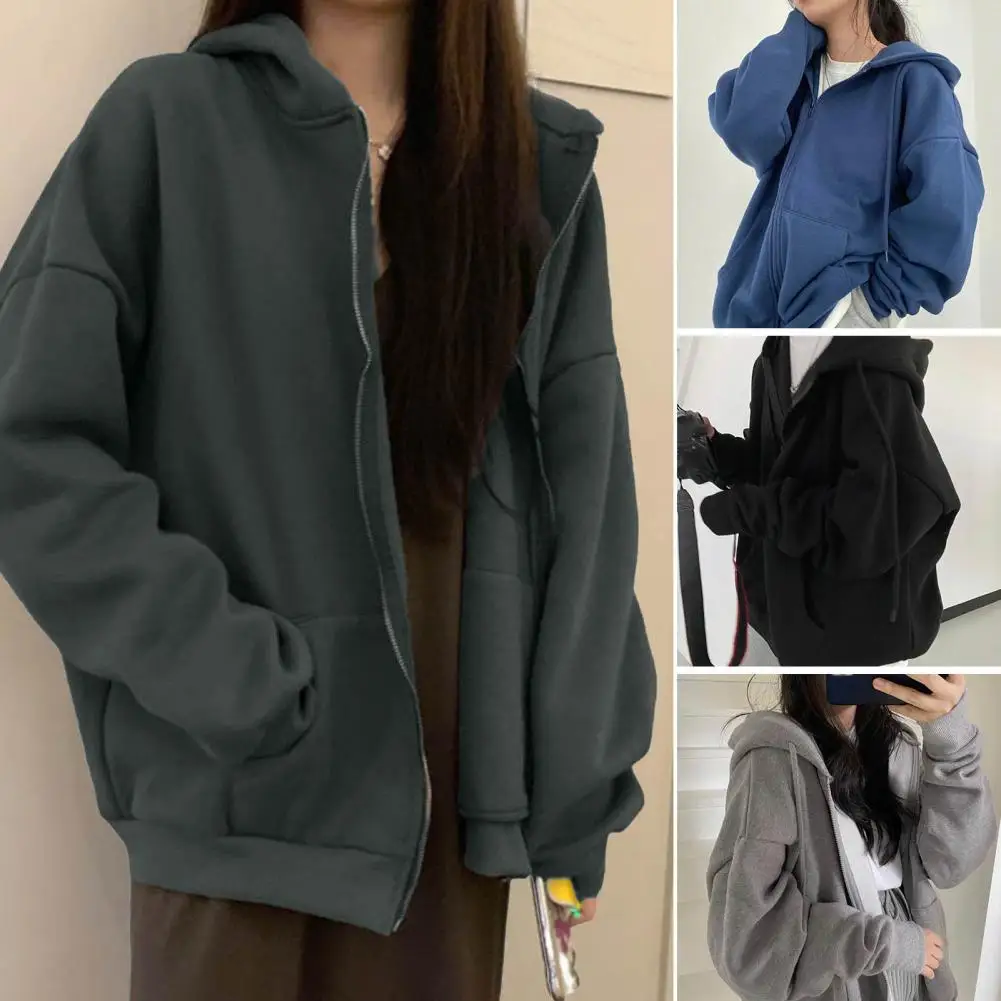 Women Zip-up Hoodie Thick Hooded Women's Winter Coat with Zipper Closure Drawstring Long Sleeve Solid Color Jacket for Autumn