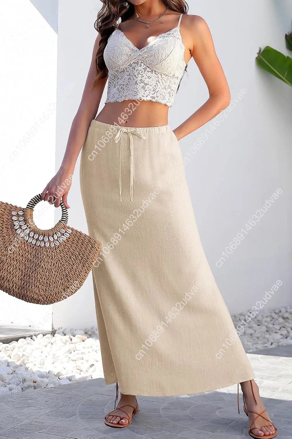 ELLEVEN Gonna lunga svasata in lino con spacco sul retro - Gonna lunga fluida alla caviglia con coulisse in vita elastica