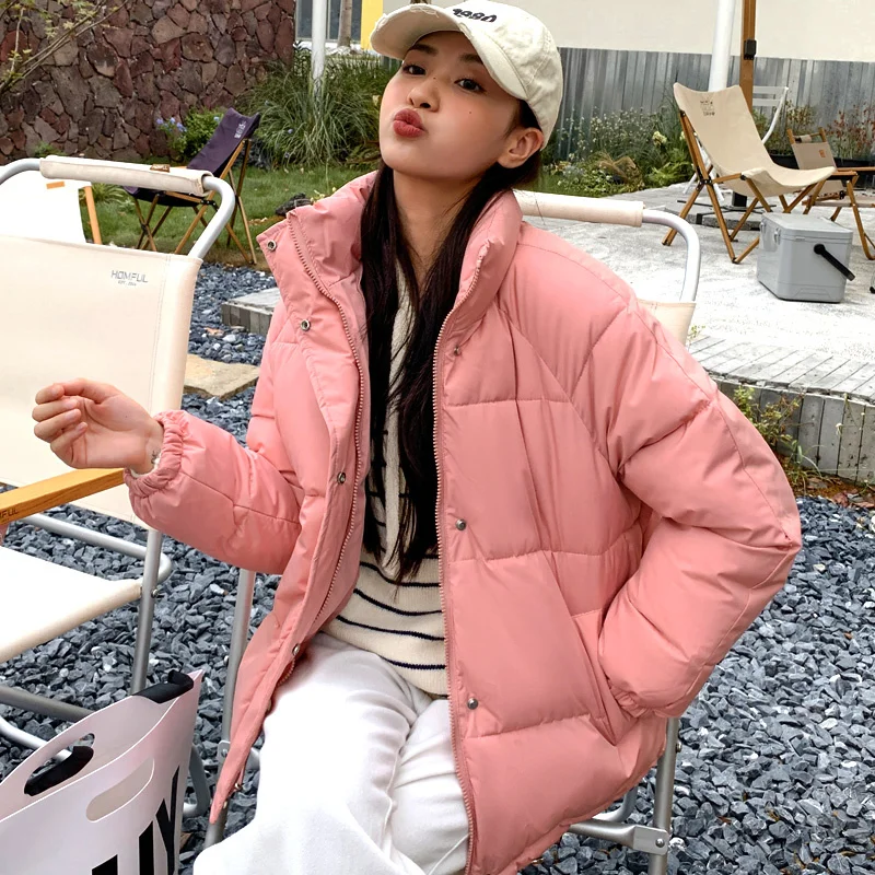 Women's Zipper Puffer Jacket Baggy Long Sleeve Stand Collar Winter Short Down Cotton Coat Korean Fashion Warm Women Parkas C297