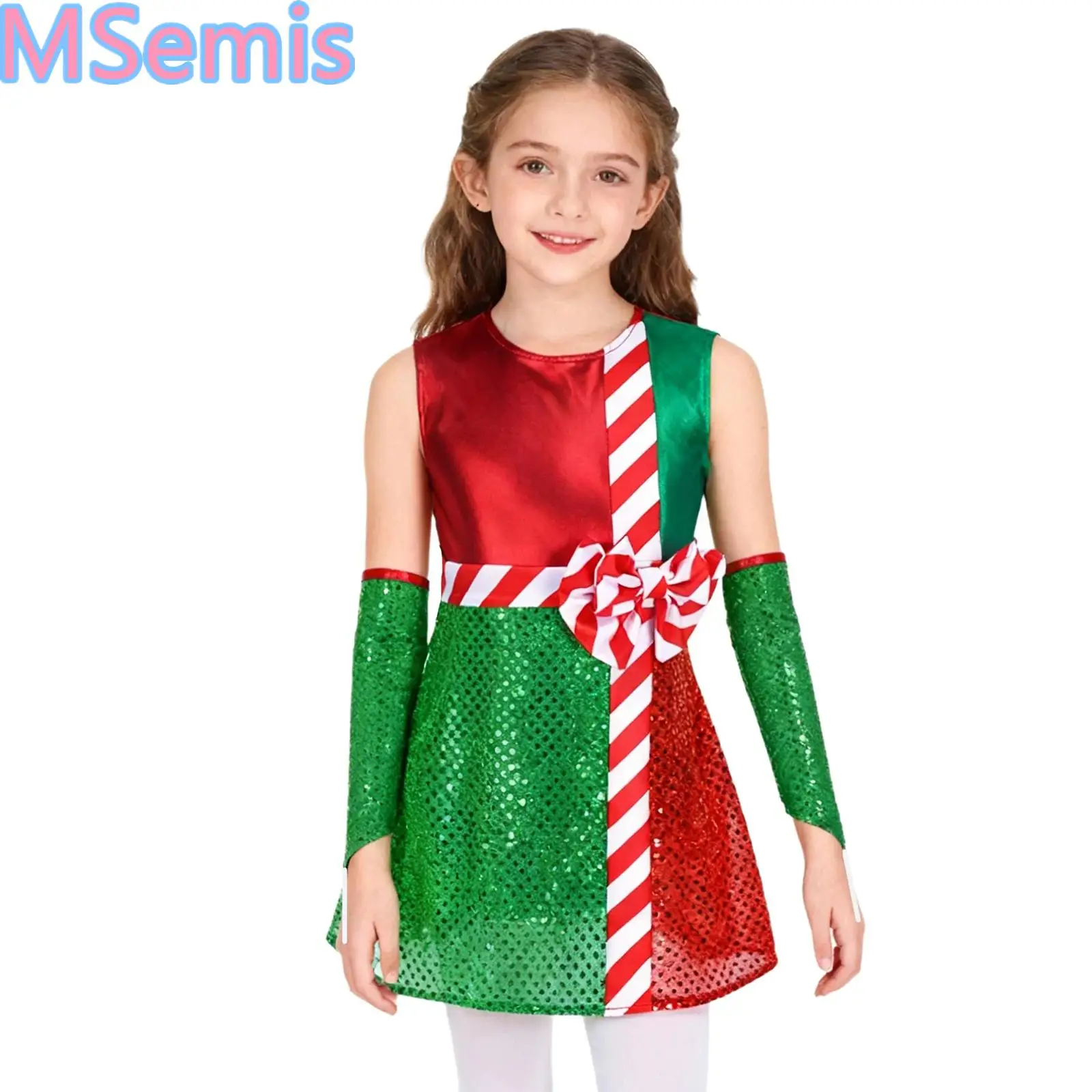 Kids Girls Shiny Christmas Dress Sleeveless Back Cutout Layer Skirt Jumpsuit Stage Costumes with Sequins Elbow Length