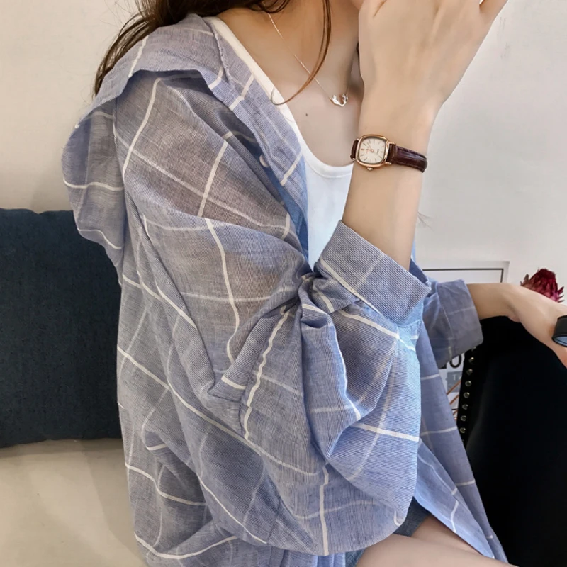 Spring and Autumn Korean Edition Minimalist Fashion Mid Length Blouses Polo Collar Printed Checkered Button Women\'s Shirt Top