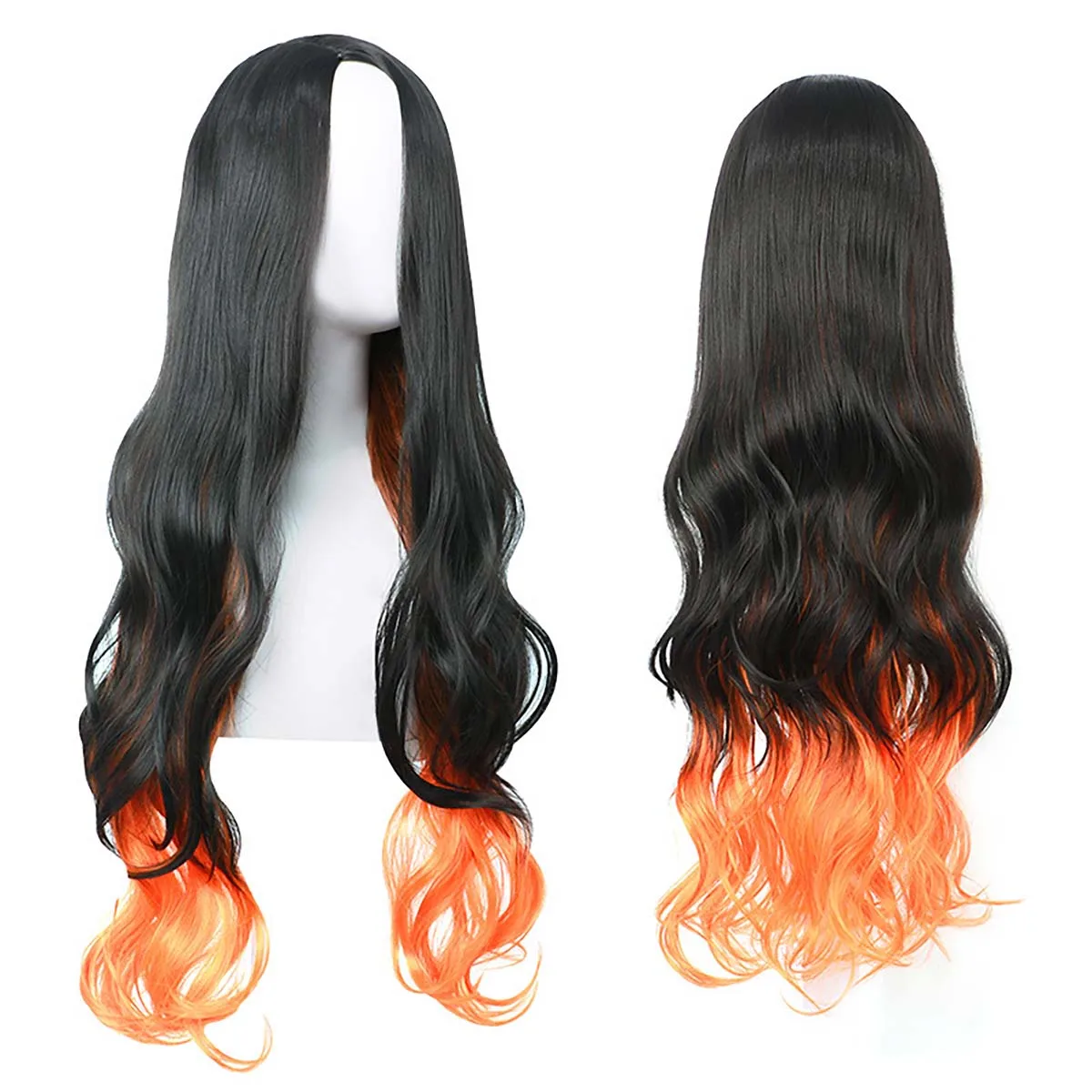 Women Girls Anime demon slayer Cosplay Nezuko Long Curly Orange and Black Wigs