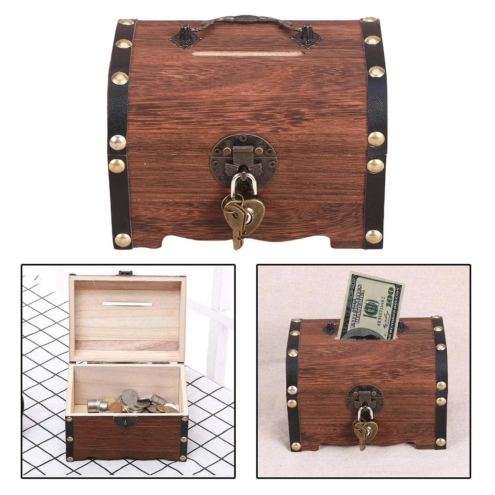 Rustic Wooden Treasure Chest Vintage Trinket Storage Box Locking Piggy Bank