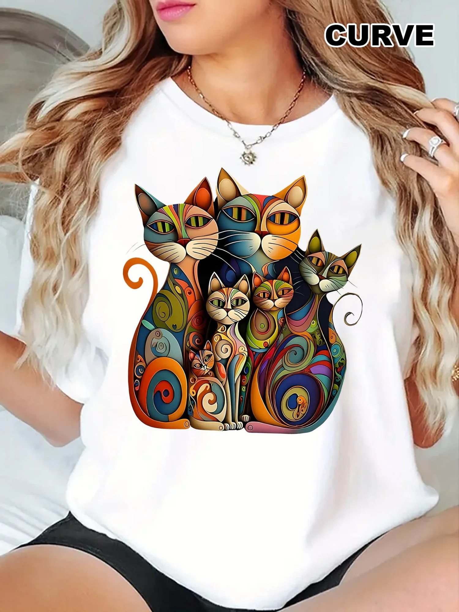 

Women's Casual & Sporty Short Sleeve T-Shirt - Colorful Cartoon Print, Breathable Polyester, All-Season Comfort Top for Summer