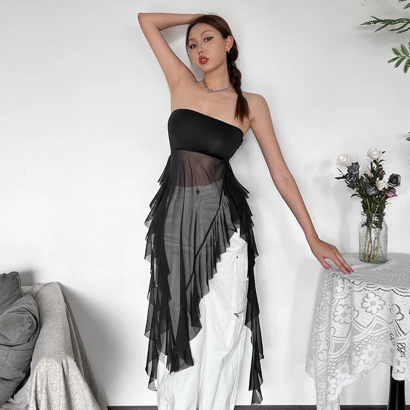 

Wind 2024 Summer Fashion Trendy Women's New One Shoulder Slimming Bareback Tassel Solid Color Versatile Tank Top