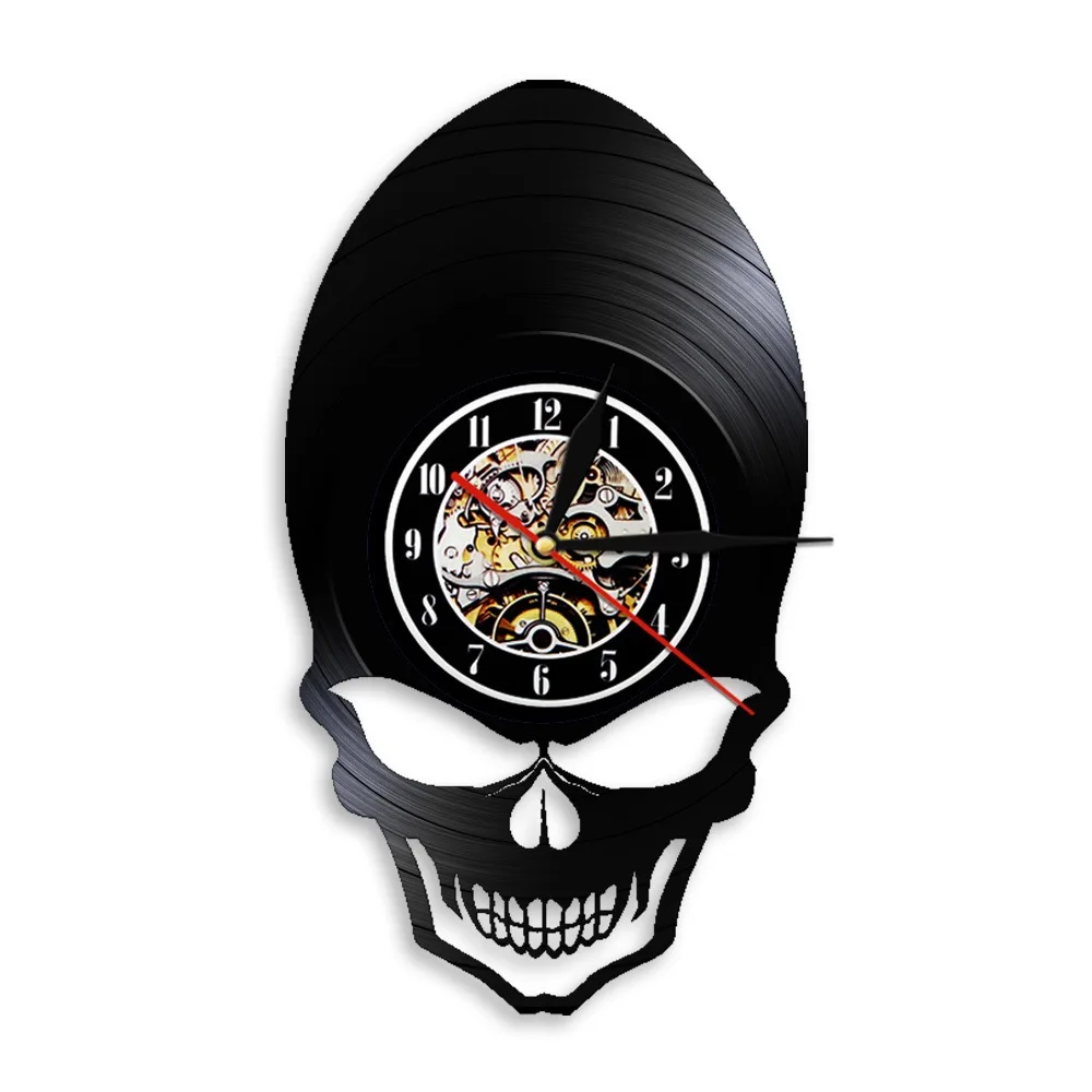 Gothic Skull Wall Clock Vinyl Record Skeleton Head Silent Vintage Watch Rock Punk Home Bar Halloween Decor Gift