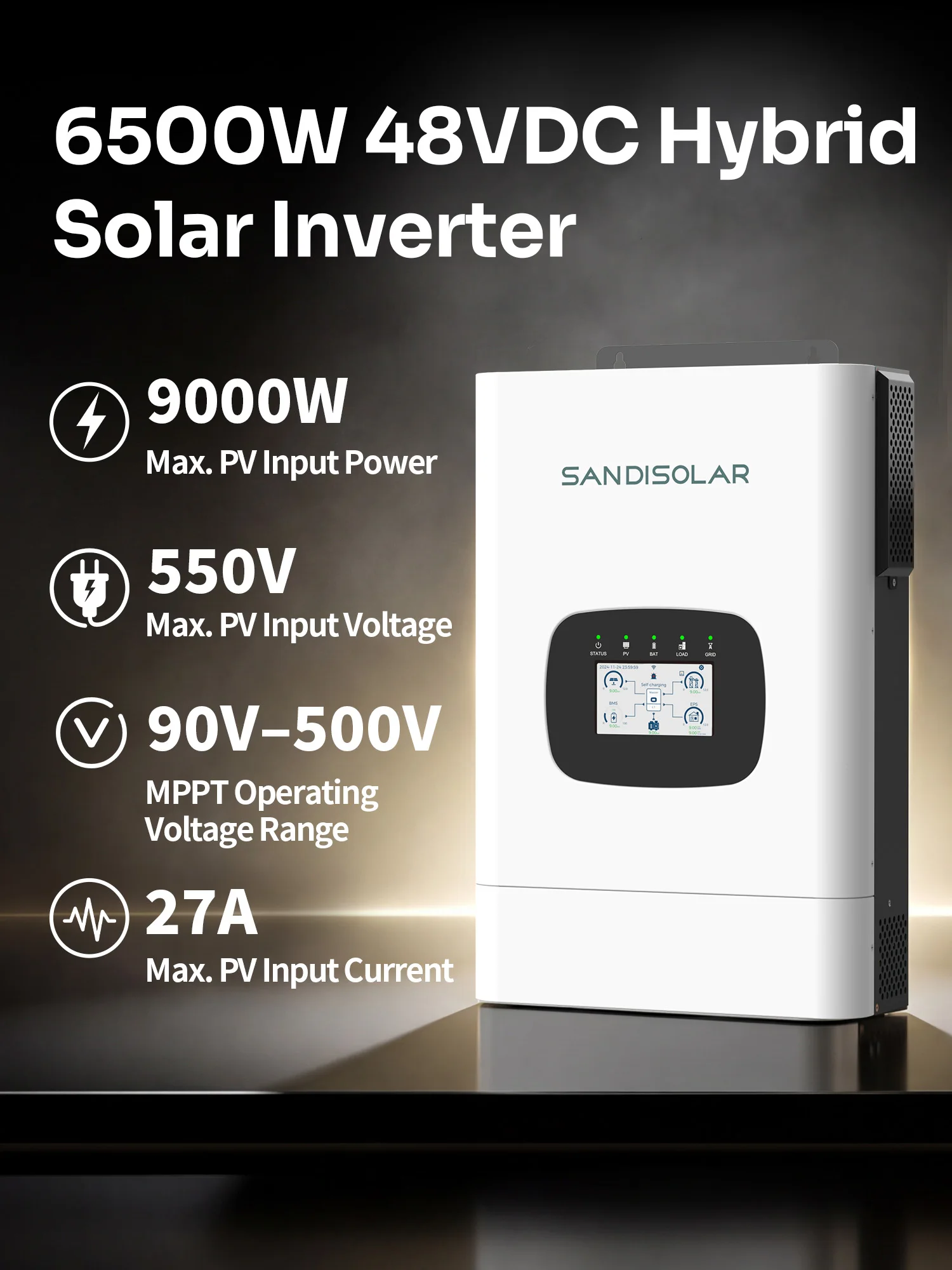 SANDISOLAR 12KW 6.5KW 4.2KW Hybrid-Solarwechselrichter 48V Reine Sinuswelle MPPT 90-500VDC 9000W PV-Eingang Netzunabhängige Energiespeicherung EU-Lagerbestand – Detail 2