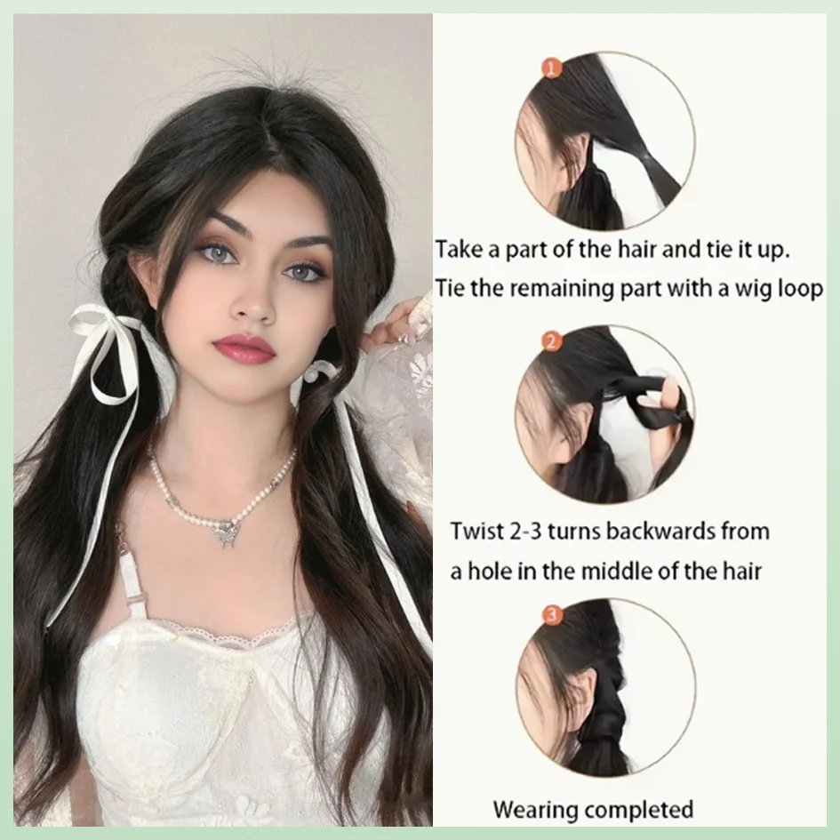 ربطة عنق صناعية مجعدة على شكل ذيل حصان 16 بوصة/22 بوصة، عصابة رأس مرنة، إكسسوار شعر نسائي، شعر مستعار على شكل ذيل حصان مزدوج من لولي، قطعة تمديد