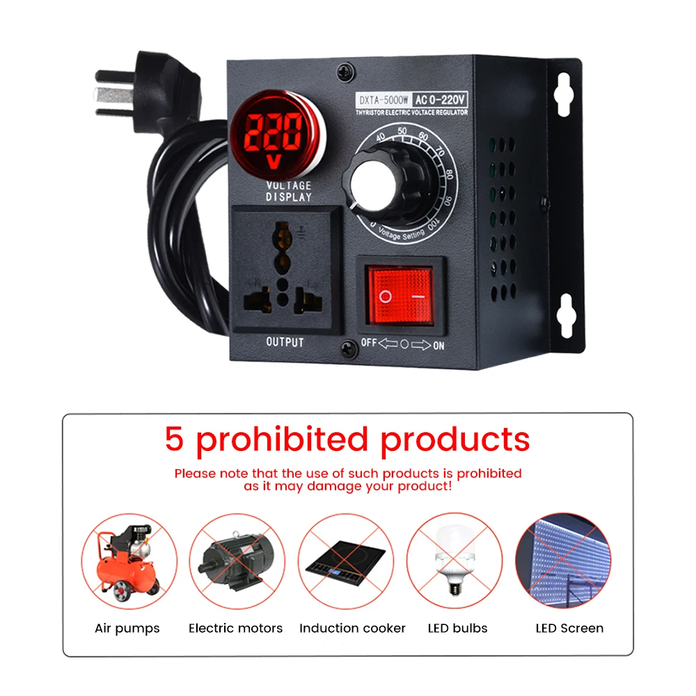 5000W Stepless AC110V/220V Single Phase Voltage Regulator Controller Speed Temperature Dimming Prevent Surge Peak