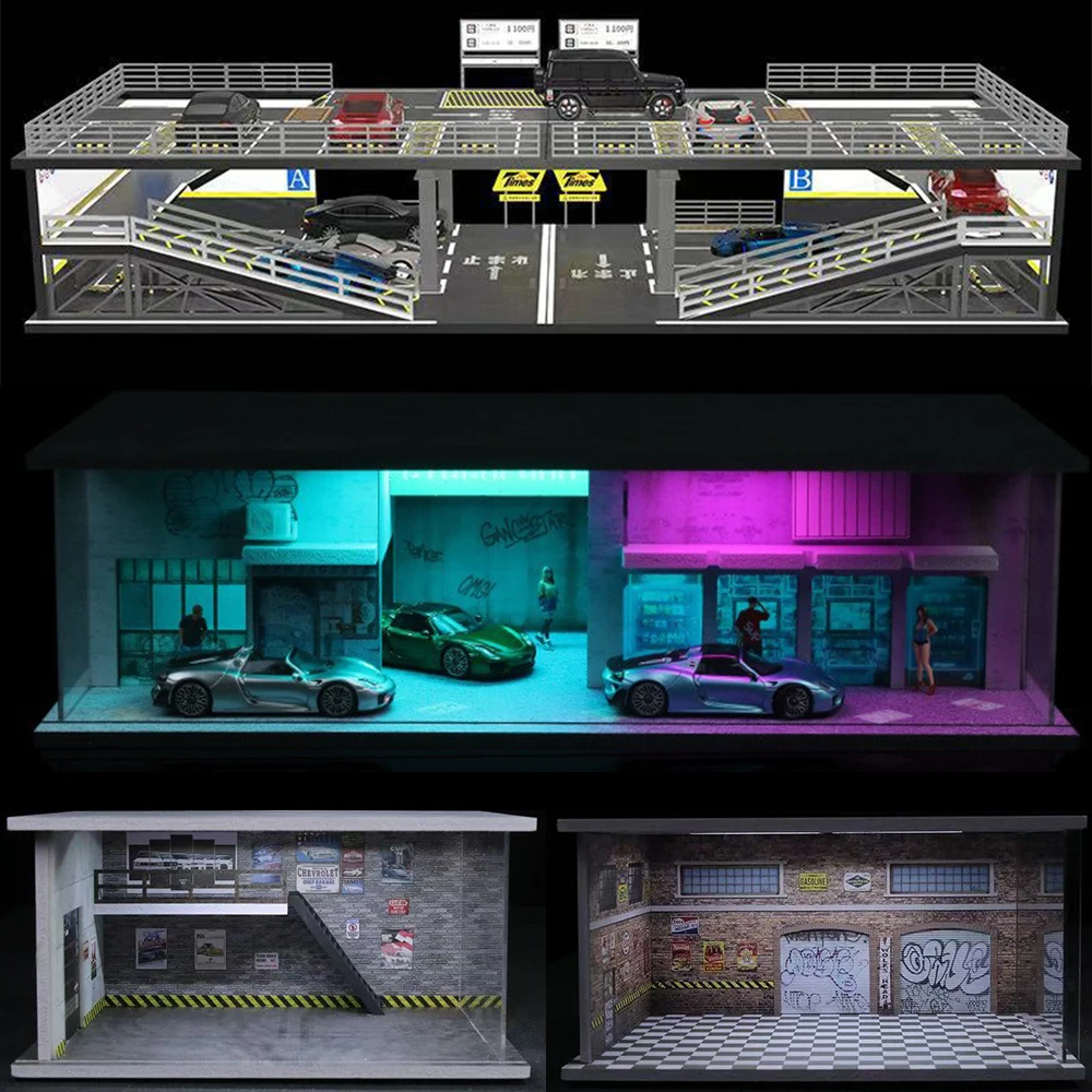 

1/64 Scale Car Assembly Diorama Model Parking Lot Scene Miniature Display Car Garage Diorama Models Collectible Gift for Display