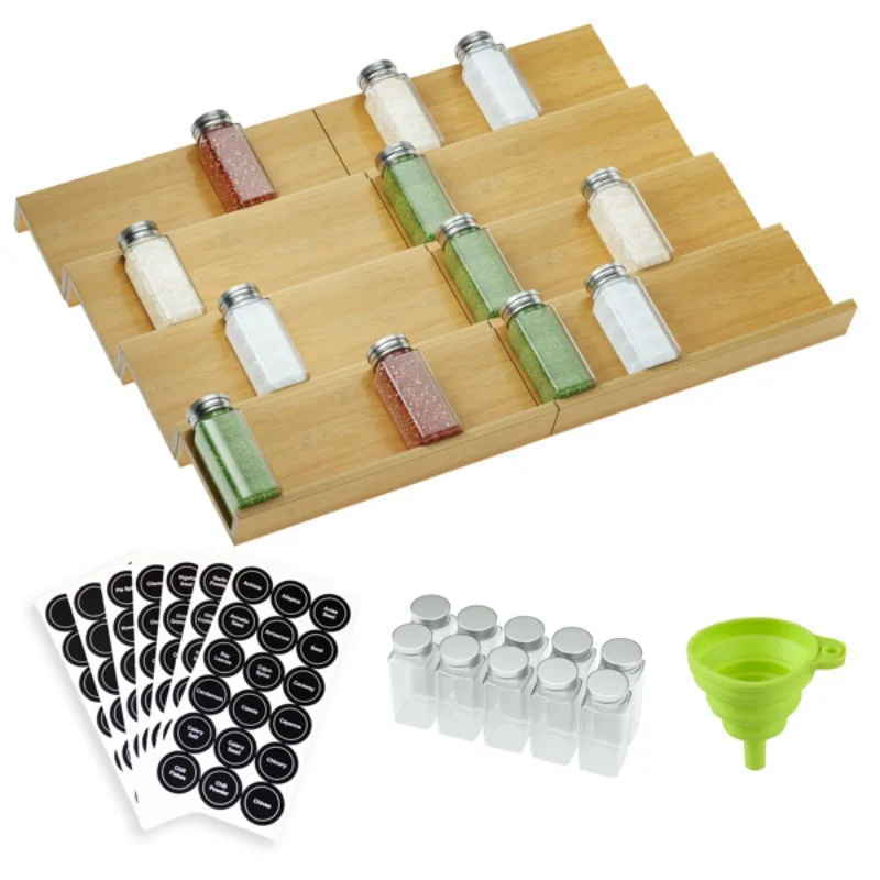 

Bamboo Spice Rack Tray Jars Spice Drawer Organizer for Kitchen Cabinets Storage and Organization