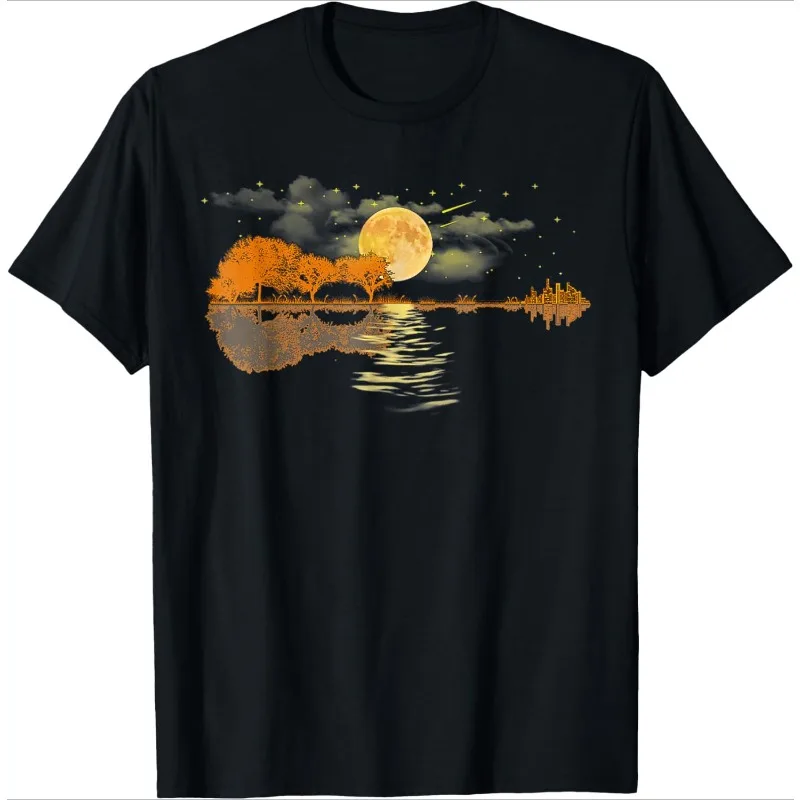 

Guitar Silhouette Black T-Shirt Full Moon Stars Trees Pattern Women's Short-Sleeve Soft Comfortable Versatile Crew Neck Top