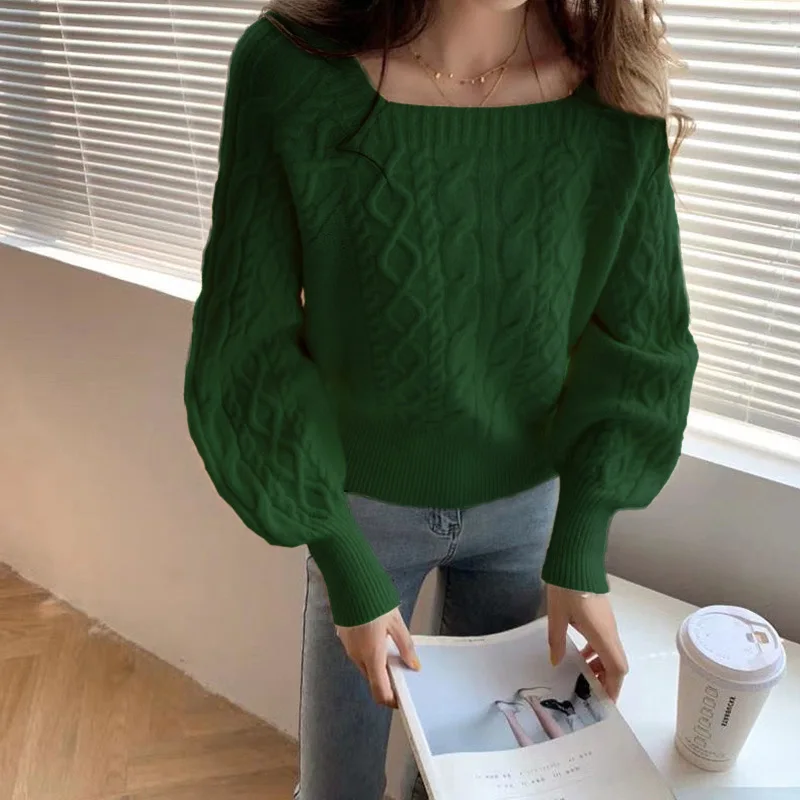 Autumn Winter Women\'s Pullover Square Collar Solid Screw Thread Lantern Long Sleeve Sweater Knitted Underlay Fashion Casual Tops