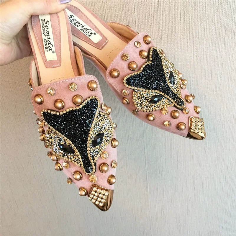 2025 New Shoes for Women Luxury Slipper Girl Outdoor Rhinestone Fox Casual Flat Sandals Girl Heels Pointed Toe Slides