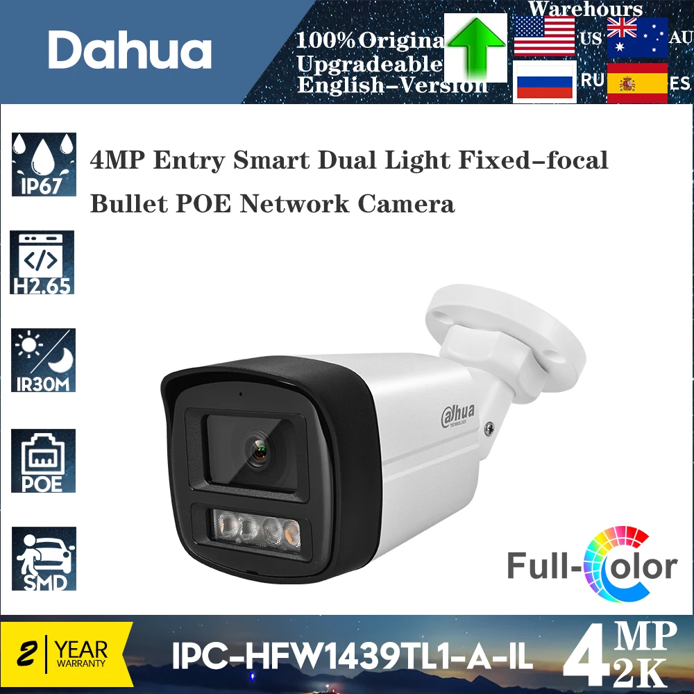 

Original Dahua 4MP IPC-HFW1439TL1-A-IL Entry Smart Dual Light Fixed-focal Bullet POE Built in Mic Network Camera