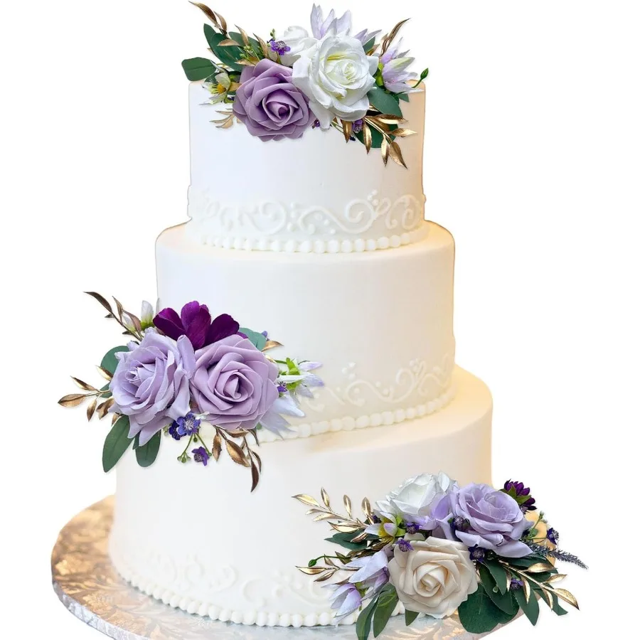 

Набор топперов для торта из 3 предметов с искусственными цветами фиолетового цвета для свадебной церемонии и юбилейных торжеств, идеально подходит для осеннего винтажа