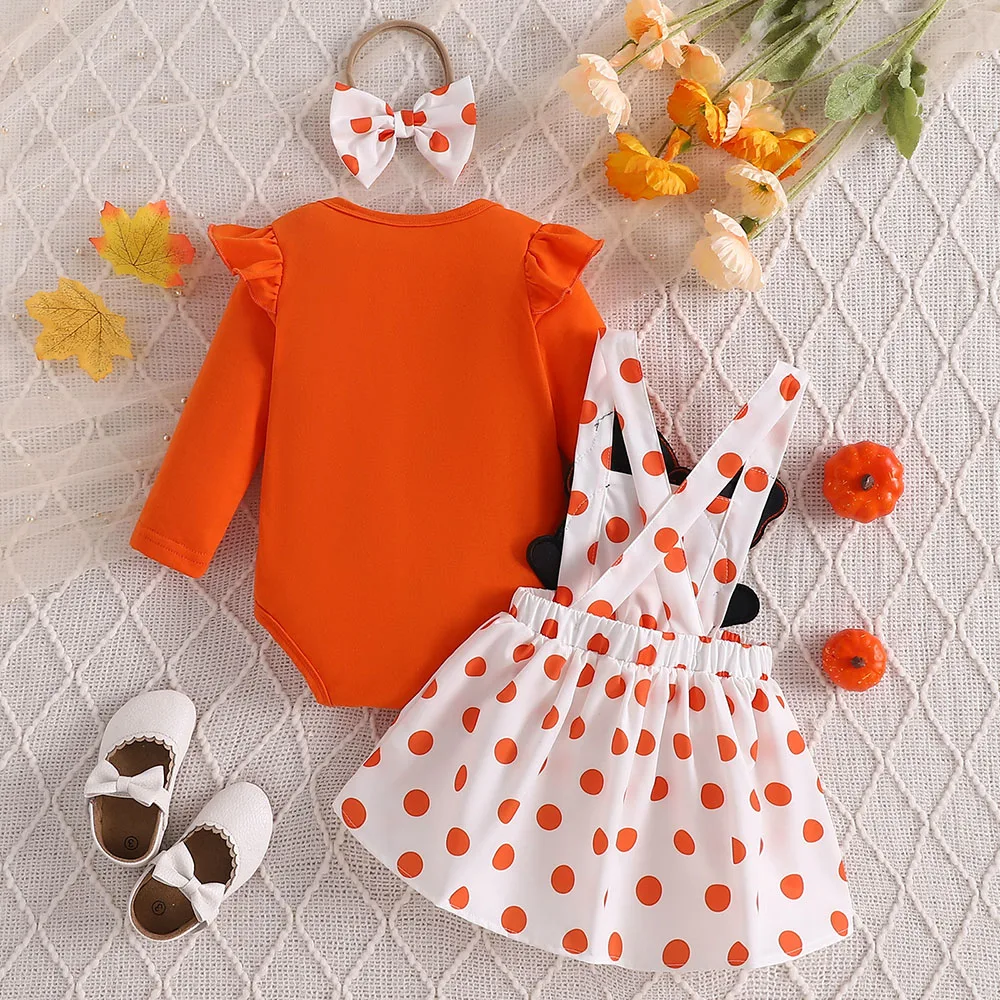 3pcs Halloween Infant Baby Girls Clothes Cute Ghost Embroidery Suspender Dress Solid color Bodysuit suit with headwear