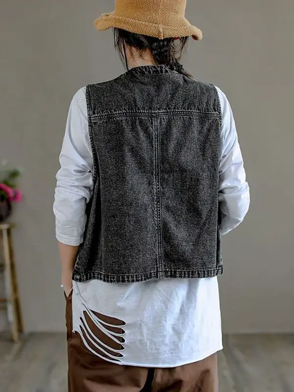 Korean Style Fashion Design One Button V Neck Denim Vest Women's Spring Autumn Short Sleeveless Shoulder Trendy City Walk