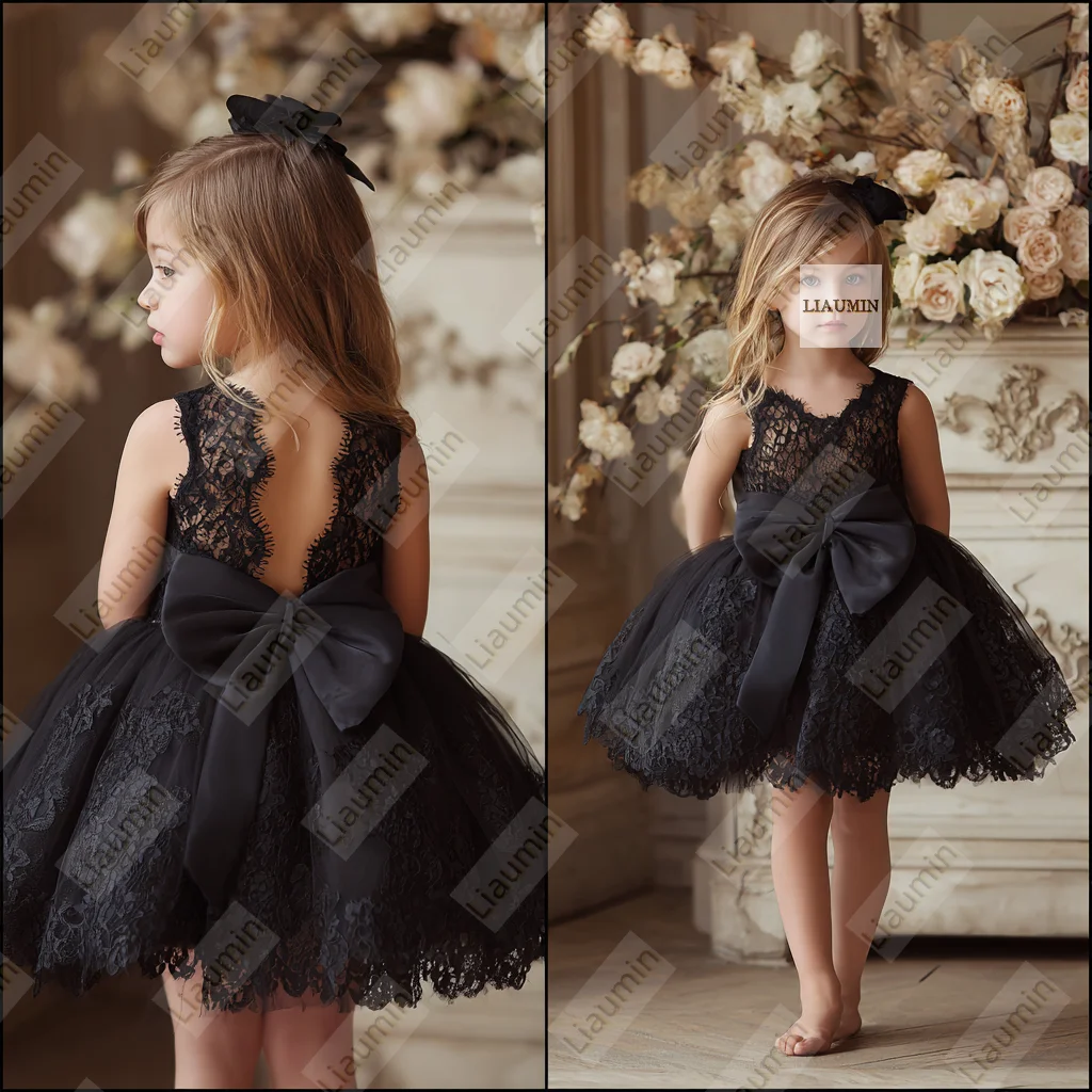 

New Flower Girl Dresses For Wedding Black Tulle Princess Lace First Communion Gowns Brithday Pageant Skirt Customized W1.1.10