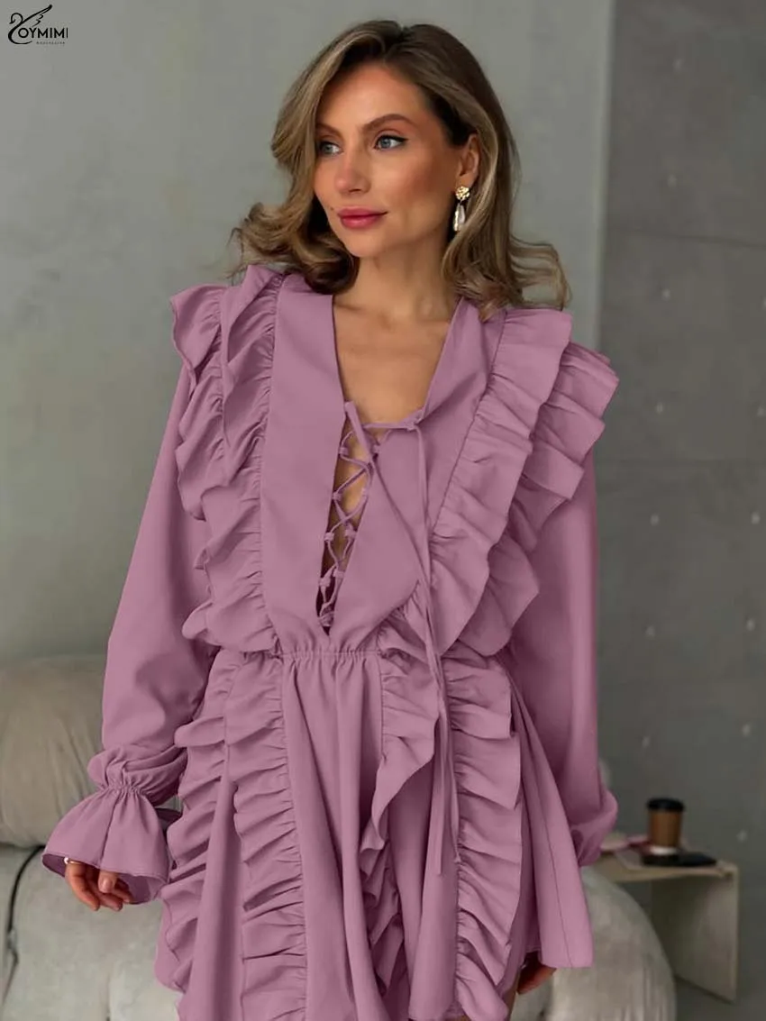 

Oymimi Fashion Purple Ruffled Womens Dresses Elegant Long Sleeve Lace-Up Solid Dresses Casual High Waisted Pleated Mini Dress
