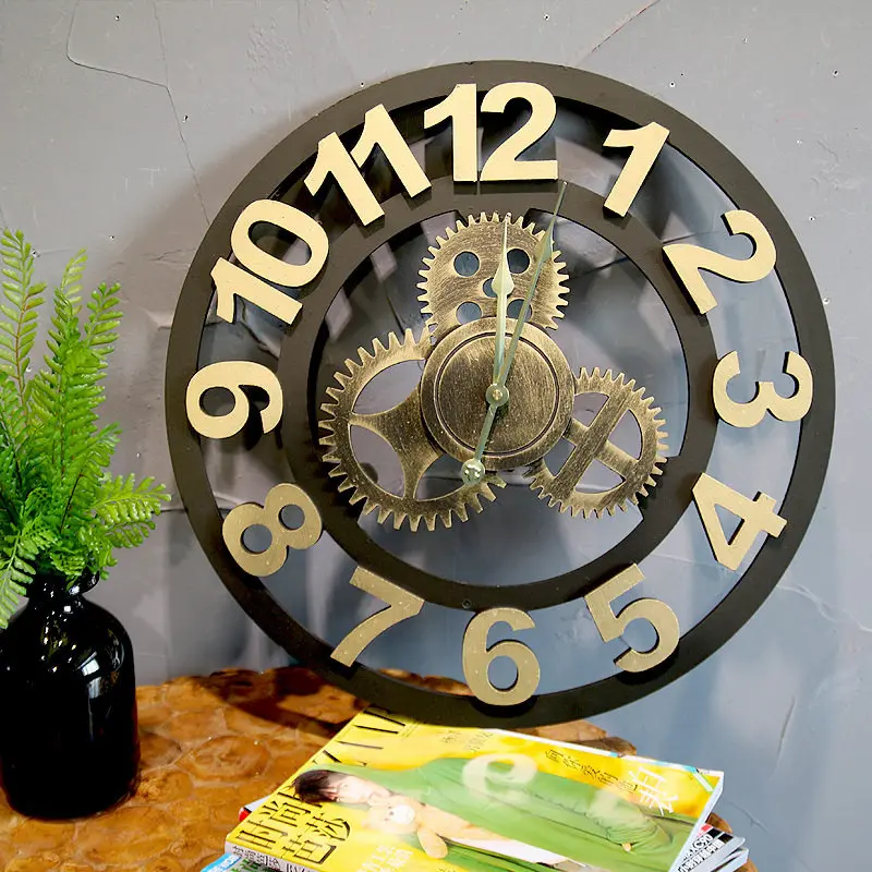 Relojes de Pared Retro Americanos, Relojes de Pared de Madera con Engranajes Desgastados, Decoración Creativa Industrial para el Hogar, Relojes de Pared ZY40BGZ
