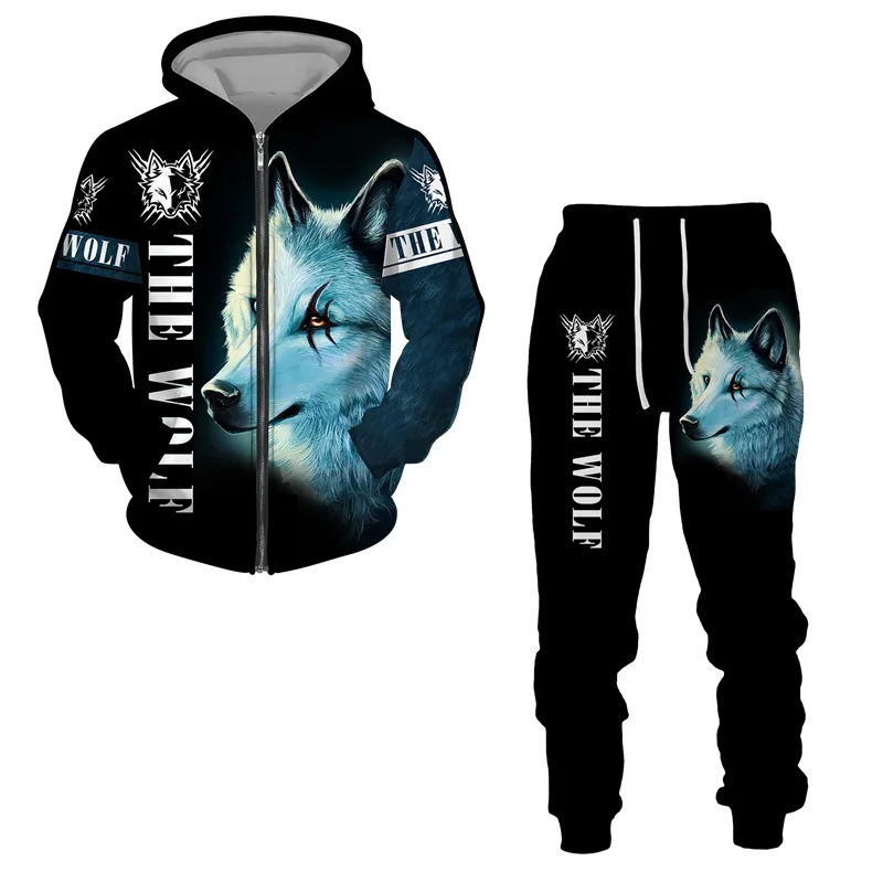 3D The Wolf Printed Zip Hoodie + Pants Suit Cool Men/Women 2 Pcs Sportwear Tracksuit Set Autumn and Winter Men's Clothing