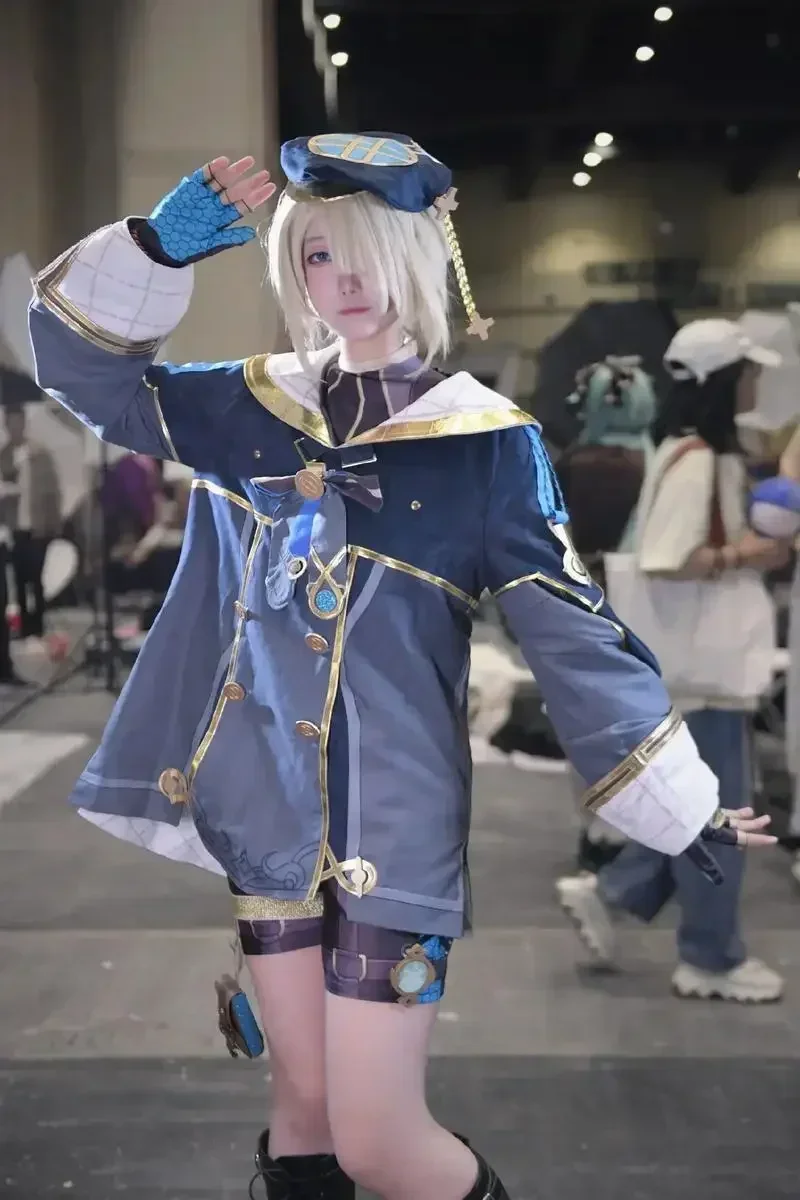 مجموعة كاملة من أزياء ألعاب الرسوم المتحركة التأثيرية من CosplayGenshin Impact Freminet، قبعة شعر مستعار، ملابس حفلات الهالوين