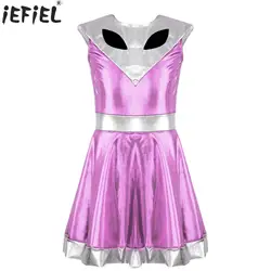Kids Girls Alien Costume Halloween Outer Space Astronaut Theme Party Cosplay Metallic Shiny Dress Carnival Festival Dress Up