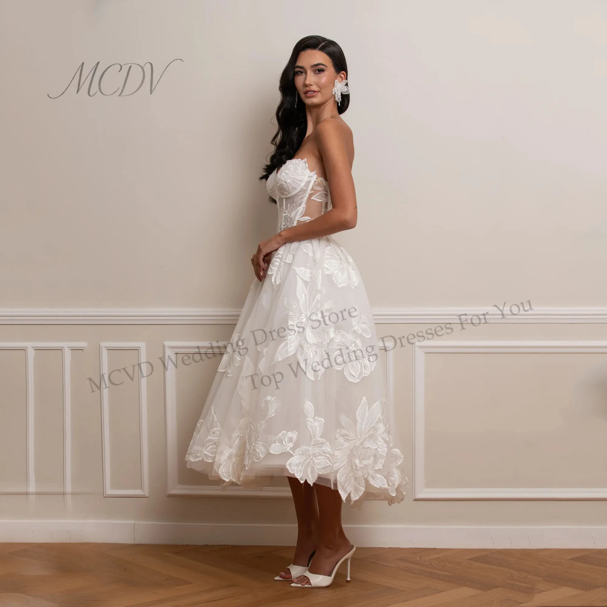 Civil Midi Wedding Dresses Sweetheart Appliques Strapless Mini Bridal Gown Lace Tea Length Wedding Gown For Women